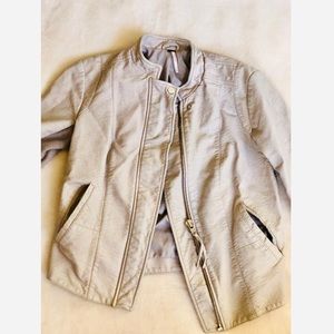 Crew Neck Faux Leather Jacket Beige